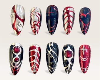 Uñas góticas pintadas a mano / Arte abstracto en rojo y negro / Juego de uñas con un toque atrevido