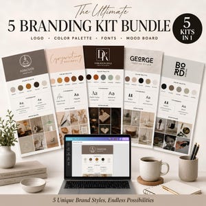 May include: A digital branding kit bundle featuring five distinct design templates displayed on a laptop screen and printed cards. Each template includes a logo, color palette, typography, and mood board. The text reads The Ultimate 5 Branding Kit Bundle.