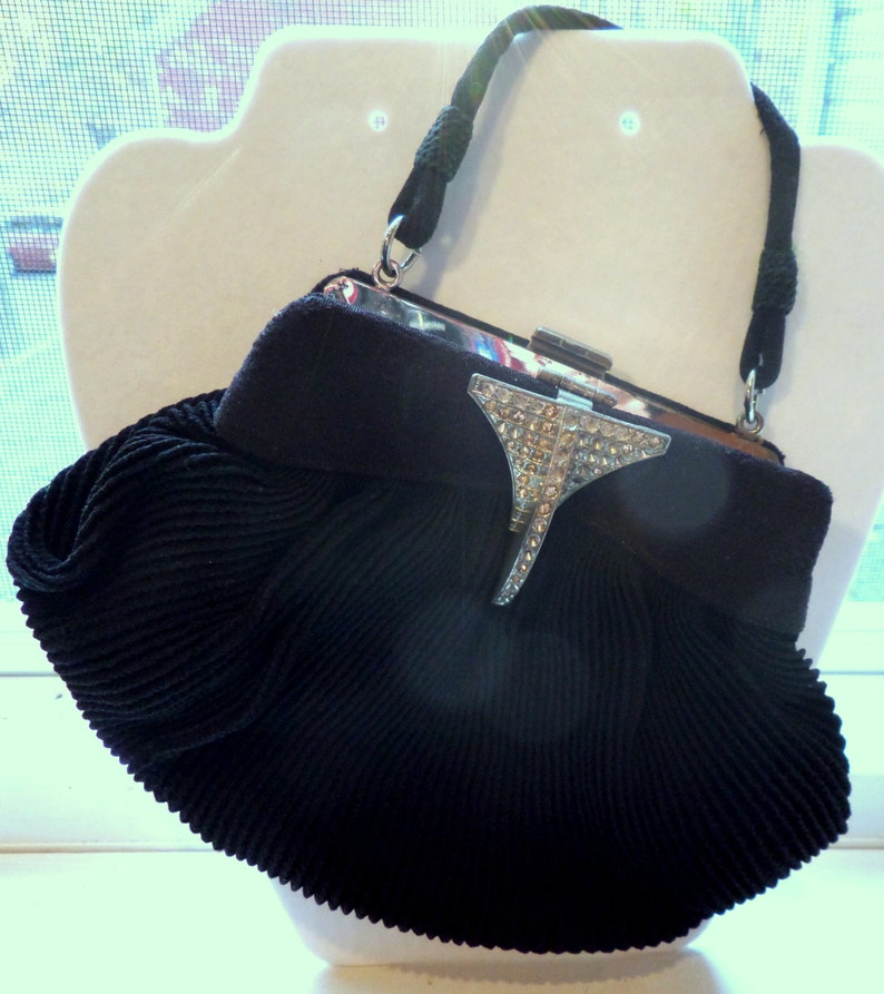 1930's Vintage Black Formal Rhinestone Diamond Clasp Small Handbag Clutch with Handle image 1