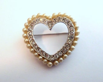 Vintage Heart Brooch Faux Pearls Diamonds Heart Pin