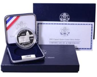 2001 US Capitol Visitor Center Silver Dollar, Uncirculated Proof One Dollar w COA
