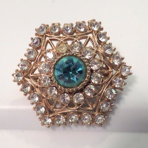 Vintage Jeweled Silver  Round  Teal Gemstone and CZ Diamonds  Brooch Pin  1.5&quot;