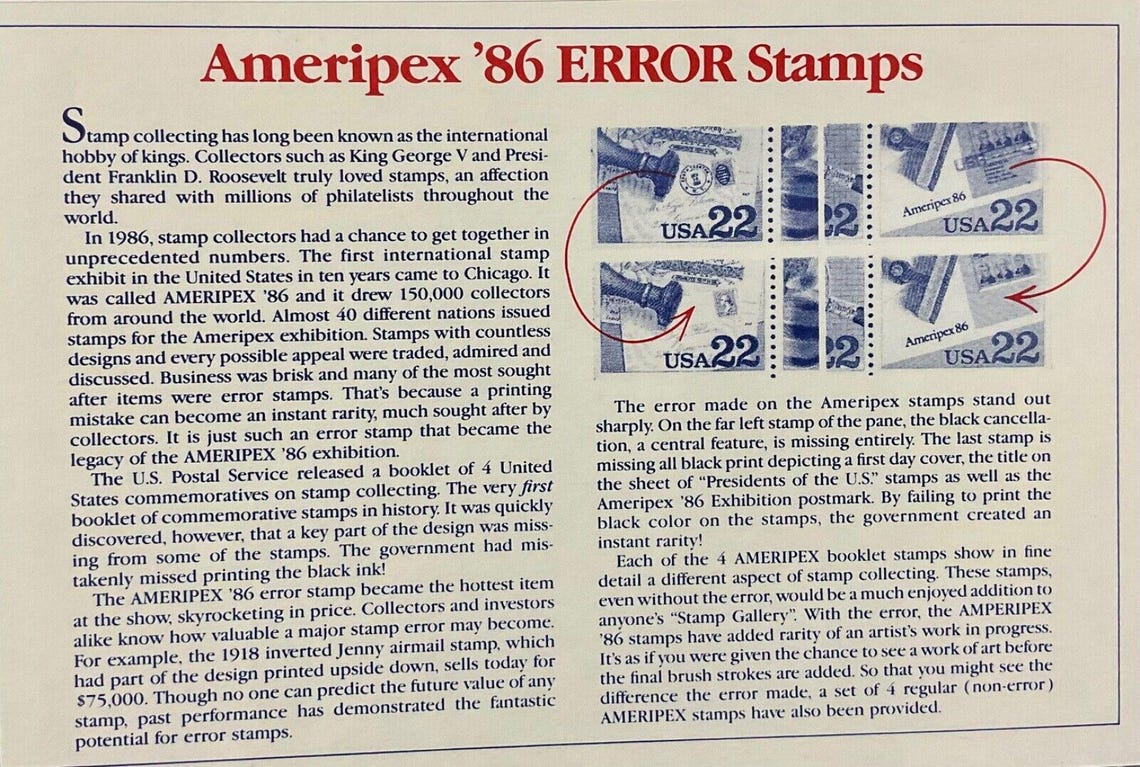 USA Stamps ERROR 1986 Ameripex Strip of 4 Sc# 2201b Missing Black Color ...