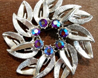 Vintage 1960s Aurora Borealis Flower Brooch Pin