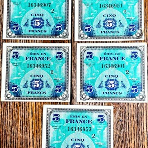 Lot of 5 Notes , 5 Francs DRAPEAU FRANCE 1944 VF.17.01 Paper Money Military Currency