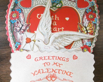 Vintage Expandable Valentines Card Love Bird Dove 3D Hearts Sweet