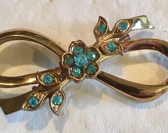 Vintage Coro Brooch Large Light Green Rhinestone Gemstone Cluster Flower  Bow Pin Brooch Jewelry