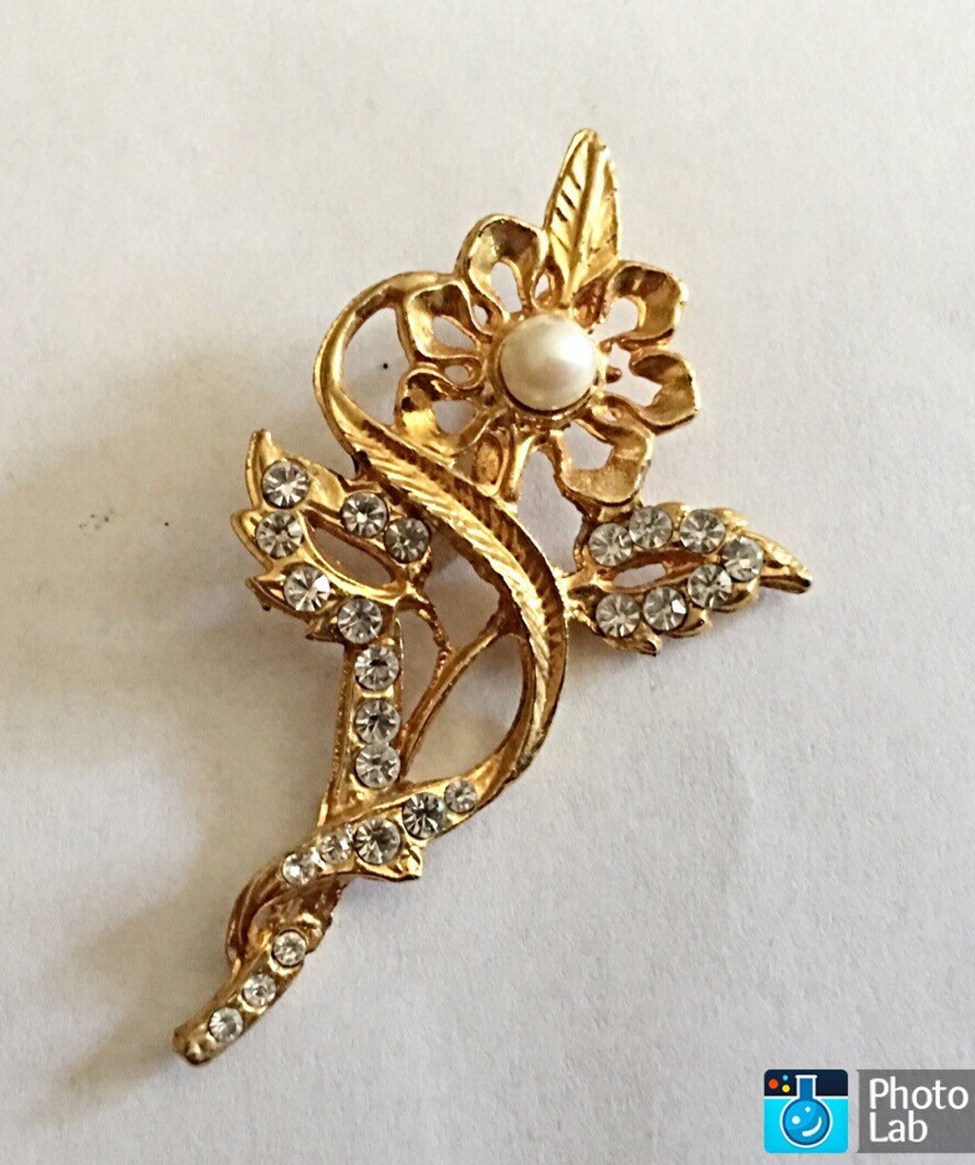 1950s'　yellow　flower rhinestone brooch VINTAGE 1950s YELLOW RHINESTONE FLOWER PIN,BROOCH,FAUX PEARL