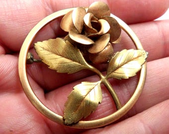 Vintage Gold Tone ROSE and Leaf Brooch Pin Flower Pin Bling 1950's