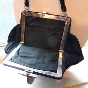 1930's Vintage Black Formal Rhinestone Diamond Clasp Small Handbag Clutch with Handle image 4