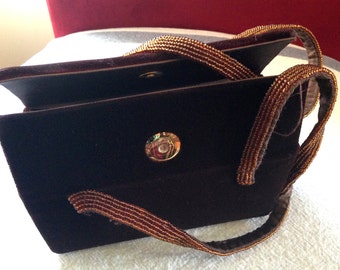 Vintage Clutch Handbag Formal Antique Purse Brown Velvet Beaded Handle Folding Top Lined