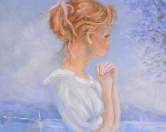 Vintage Impressionist Oil Painting: "Awaiting Beauty" by Suzanne Casterlin (28x41 Framed)