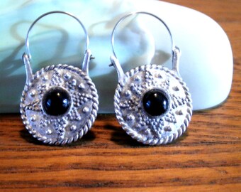 Vintage Sterling Silver Funky Hippie Boho Hanging Earrings with Black Onyx Stones 16.7gr
