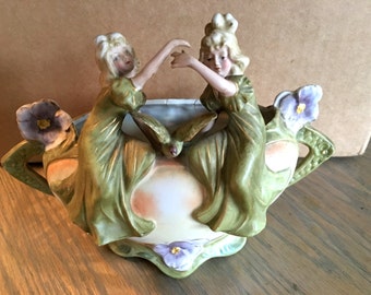 Antique Bisque Porcelain Vase Boat Shape Girls with a Dove Bird Muted Colors all Good Home Decor Vintage
