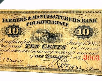 Original Poughkeepsie NY Obsolete Civil War Currency Ten Cent Banknote issued 1862 Fine US Paper Money