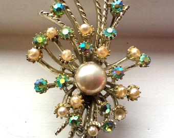 Vintage Antique Sparkling Brooch Pin Light Blue Iridescent Jewel Rhinestones Pearls Flower Bling