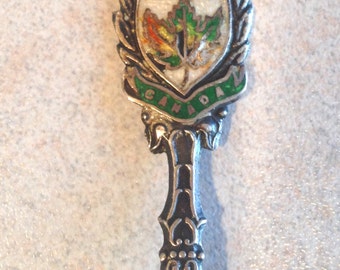 Vintage Sterling Silver CANADA Souvenir Spoon Very Ornate Colorful Enamel Maple Leaf