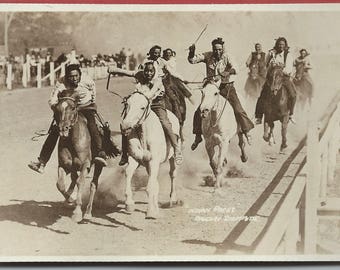 Vintage Indian races, Calgary Stampede Alberta, Canada real photo postcard RPPC 1930 X fine Canada