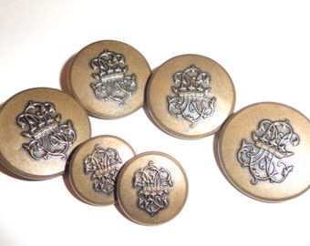 6 Vintage Brass Military Buttons: Crown & Scroll Design, Shank Back