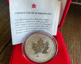 2000 - 5 Dollar .9999 Silver Maple Leaf Coin with Privy Mark: Year of the Dragon