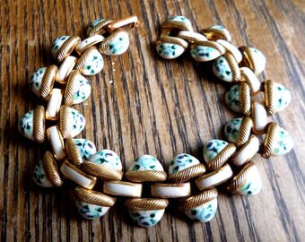 Vintage Enamel Flower Bracelet: Blue & Green Half Moon Design