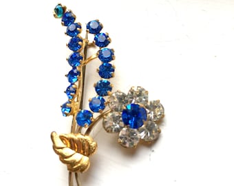 Vintage Antique Sparkling Brooch Pin Light Blue Iridescent and Crystal Jewel Rhinestones Flower Bling