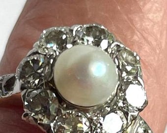1910s Pearl Diamond Ring: Platinum & 14K Gold, Size 5