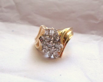 Vintage 10K Gold Diamond Cocktail Ring: Round & Baguette Cut, Size 7