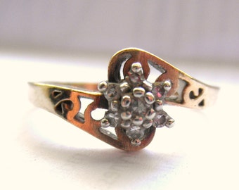 Vintage 10k Gold Diamond Flower Ring - Unique Engagement Design, Size 5.5