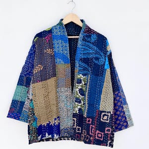Vintage Silk Kantha Jacket Blue Patchwork Jacket Boho Kimono Coat Handmade Quilted Sari Jacket Sustainable Fashion
