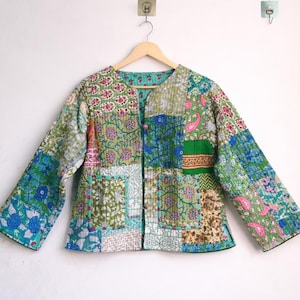 Green Patchwork Jacket Women, Quilted Cotton Kantha Jacket, Boho Handmade Jacket, Indian Coat, Vintage Bohemian Jacket, Gift for Her