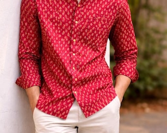 Camicia da uomo in cotone con stampa floreale a blocchi: stile estivo boho