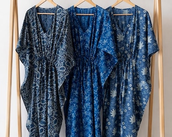 Blauwe katoenen kaftan met handblokprint en strikband - grote maten resortkleding, strandkleed, loungekledingjurk, boho zomerkaftan mumus