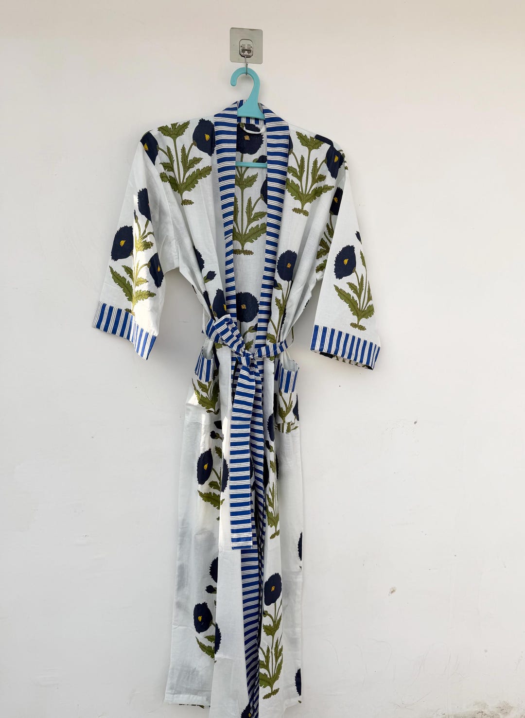 Block Print Robe Handmade Cotton Floral Kimono Robe, Block Print Bathrobe, Lightweight ...
