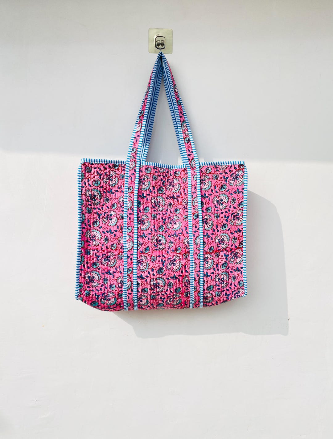 Pink Floral Block Print Cotton Tote Bag | Handmade Quilted Shoulder Bag ...