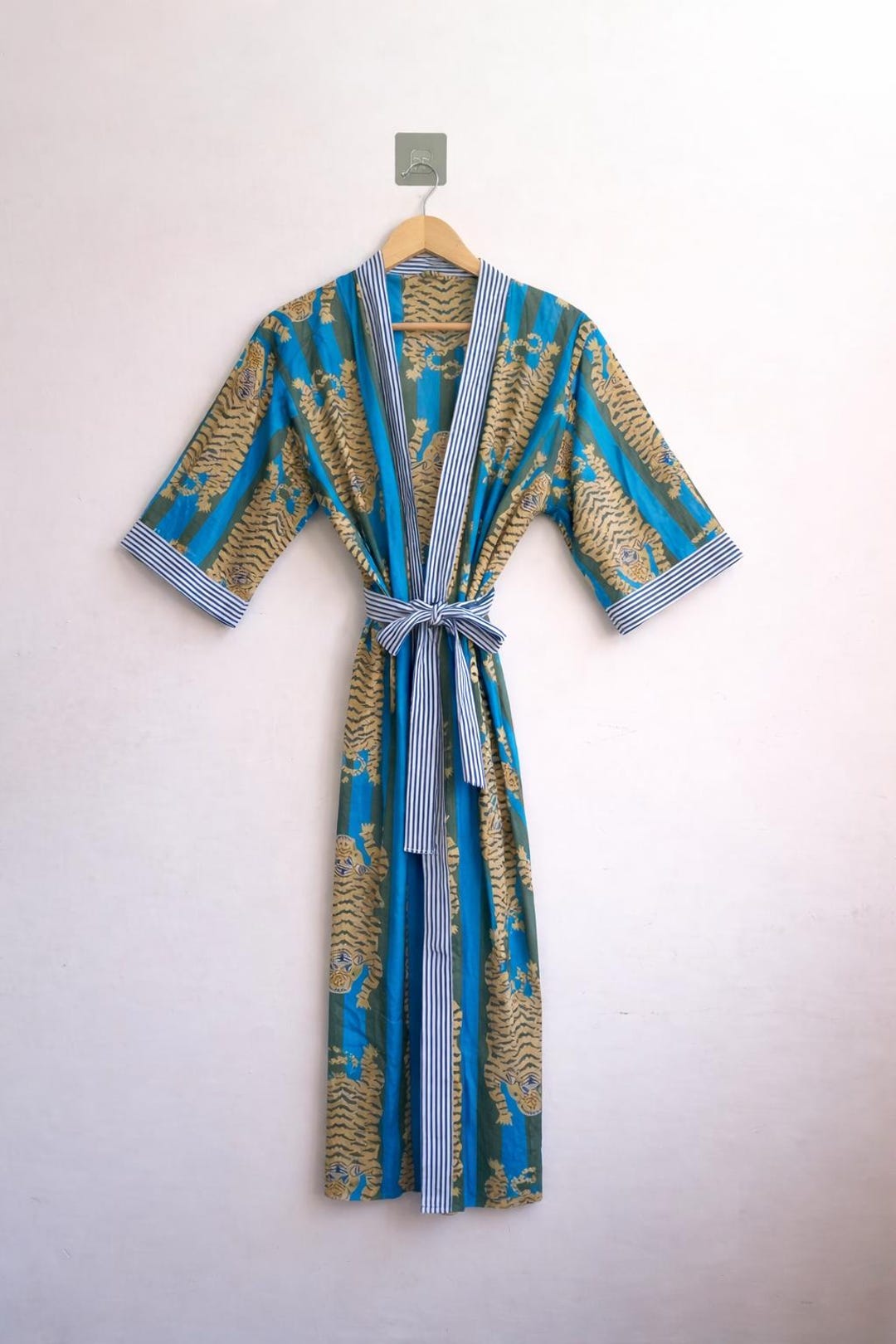 Shimpan Robe Handmade Tiger Print Kimono Robe, Blue Cotton Striped Robe, Boho Summer ...