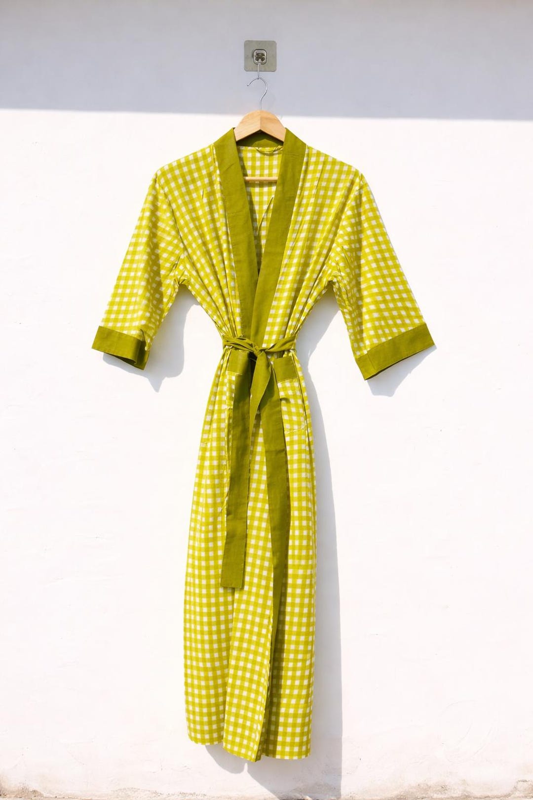 Gingham Robe Green Gingham Cotton Kimono Robe, Bridesmaid Getting Ready Robe ...