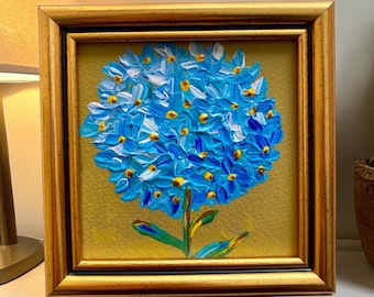 Textured Floral Painting, Abstract Blue Flower Impasto Art,  Modern Palette Knife Mini  Oil Painting