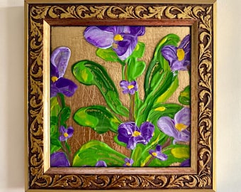 Original oljemålning, texturerad lila blommig botanisk konst, impasto väggdekor