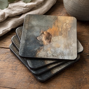 Puede incluir: Una pila de cuatro posavasos cuadrados con un diseño abstracto texturizado en tonos mezclados de gris carbón, azul pizarra y cobre metálico. Cada posavasos tiene una superficie lisa y plana con esquinas redondeadas y un borde oscuro.