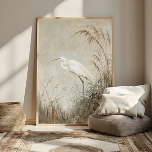 White Egret Wall Art, Coastal Marsh Framed Canvas, Neutral Nature Artwork, Serene Beach House Decor Prints image 1