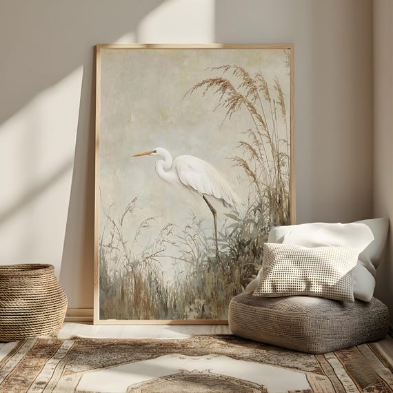 White Egret Wall Art, Coastal Marsh Framed Canvas, Neutral Nature Artwork, Serene Beach House Decor Prints