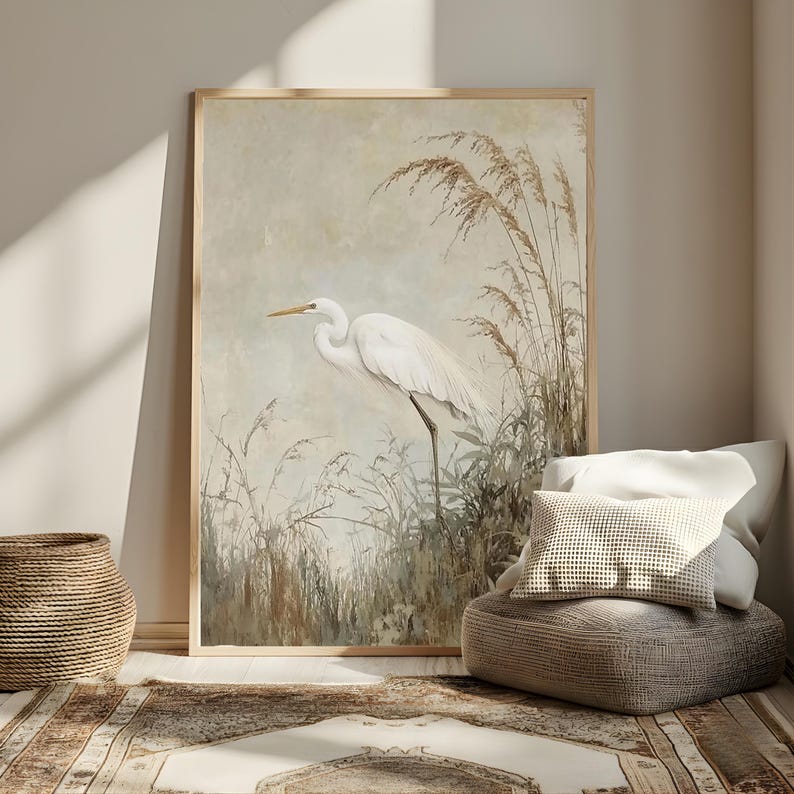 White Egret Wall Art, Coastal Marsh Framed Canvas, Neutral Nature Artwork, Serene Beach House Decor Prints image 1
