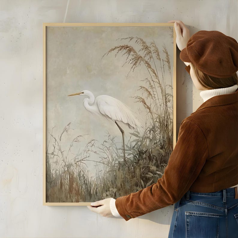 White Egret Wall Art, Coastal Marsh Framed Canvas, Neutral Nature Artwork, Serene Beach House Decor Prints image 7