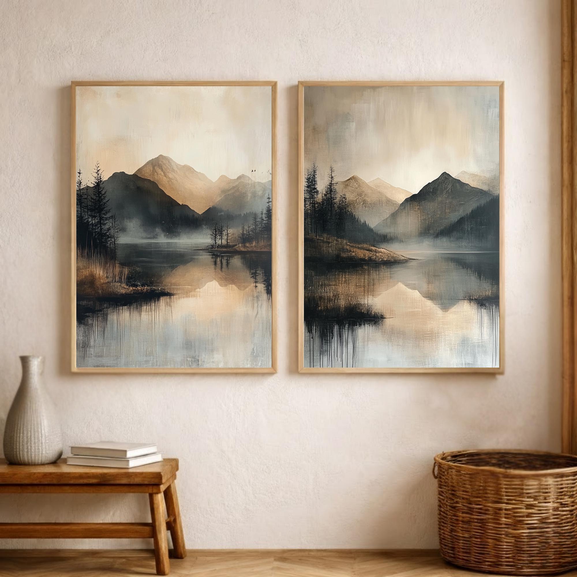 Set of 2 Misty Mountain Lake Wall Art, Neutral Landscape Framed Canvas ...