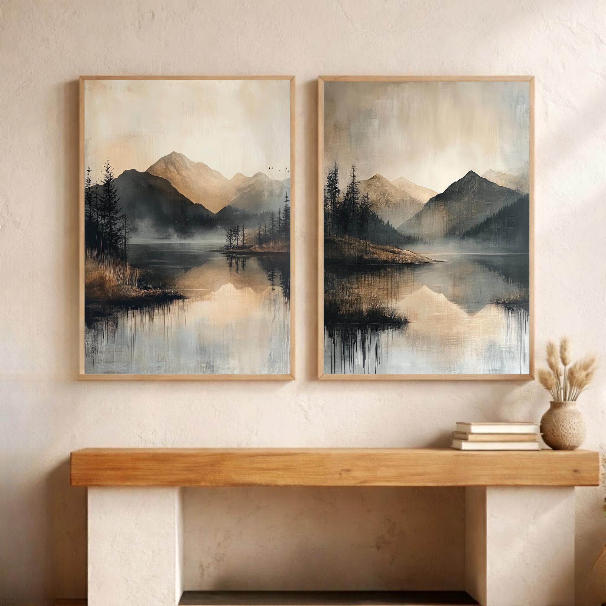 Set of 2 Misty Mountain Lake Wall Art, Neutral Landscape Framed Canvas ...