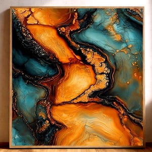 May include: Abstract art print featuring a vibrant mix of colors. The artwork showcases flowing patterns in shades of teal, orange, and gold, framed in a natural wood. The design resembles the natural beauty of agate stone.