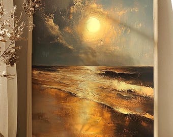 Golden Ocean Sunset Wall Art, Coastal Seascape Canvas, Luminous Beach Horizon Print, Warm Sunset Wave Poster, Serene Modern Home Decor
