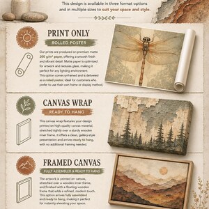 The image is an advertisement for three different product options for wall art: a printed poster, a canvas wrap, and a framed canvas. It provides information about the available sizes and formats for each product, as well as the materials used.