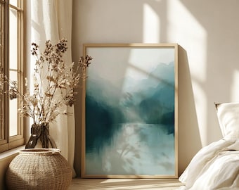 Muurkunst Misty Blue Mountains, neutraal abstract ingelijst canvas, minimale Foggy Lake-print, sereen modern natuurhuisdecor